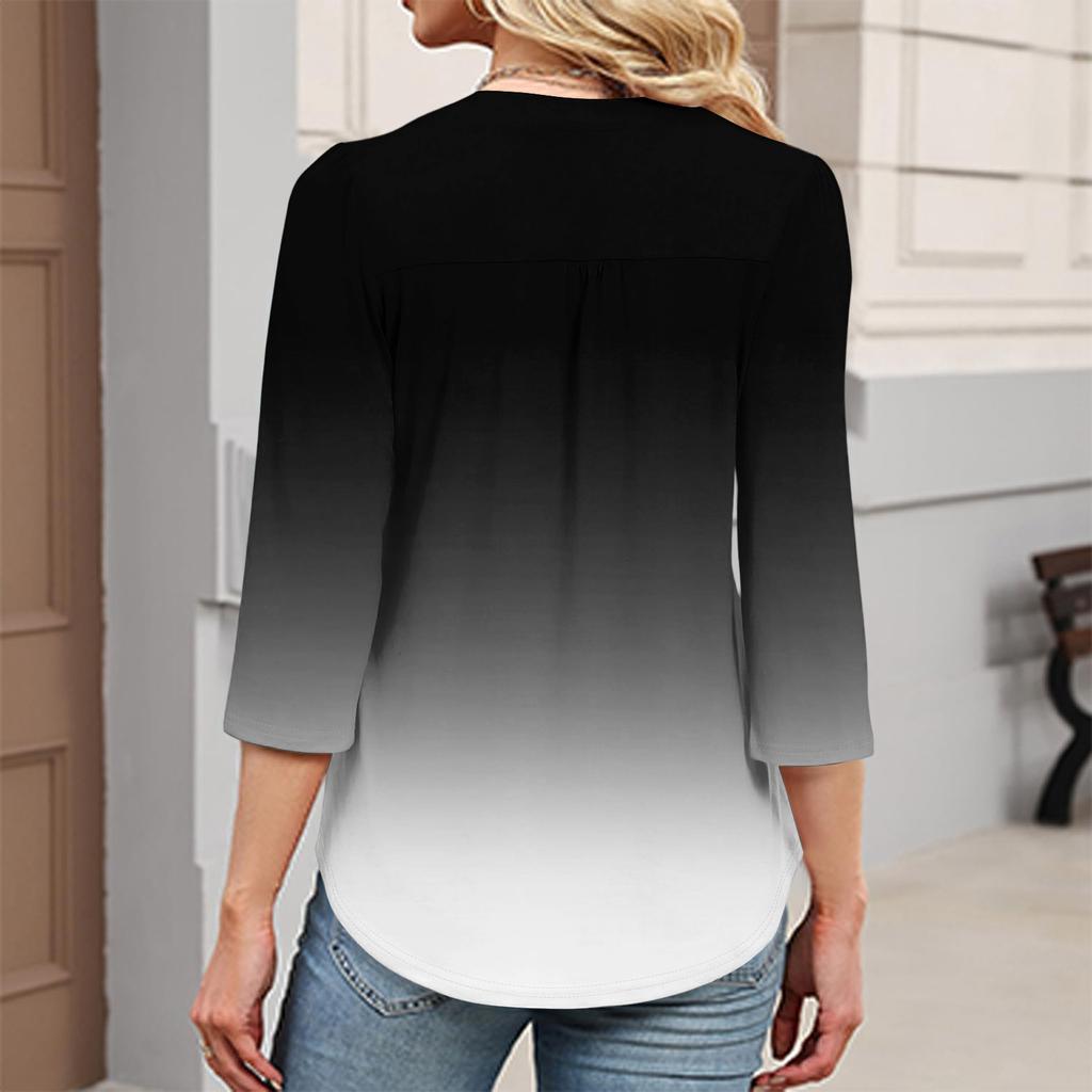 Dámské módní ležérní tričko s bloky barev, gradientním potiskem, výstřihem do V, knoflíky a tříčtvrtečními rukávy