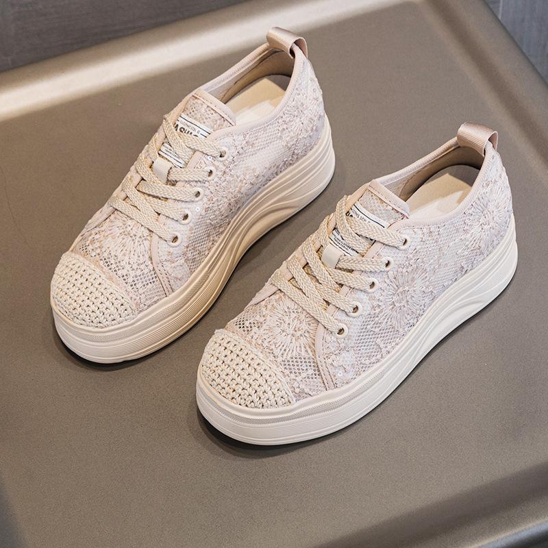 7cm Spitzennetz Damen Sommerschuhe Unifarben Modische Schnür Halbhausschuhe Keilabsatz Slip-Ons für Damen Atmungsaktive Schuhe