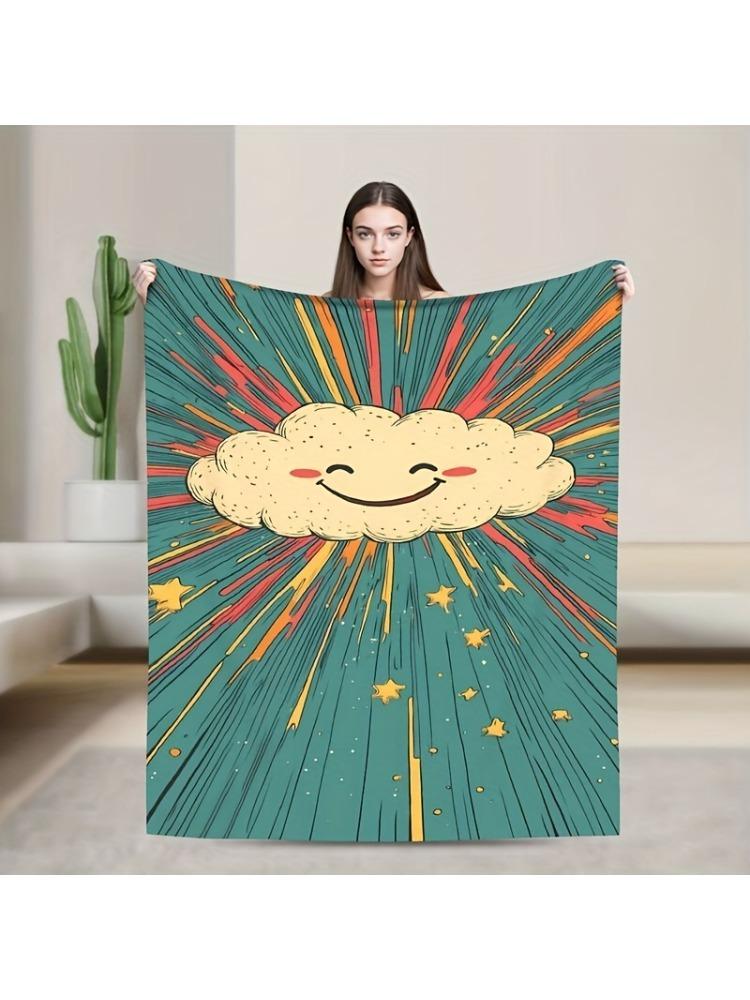 Vibrant Smiling Clouds and Starry Sky Flannel Velvet with Colorful Retro Design, featuring whimsical Star Printed Patterns Size: 75*100cm, Weight: 230 GSM