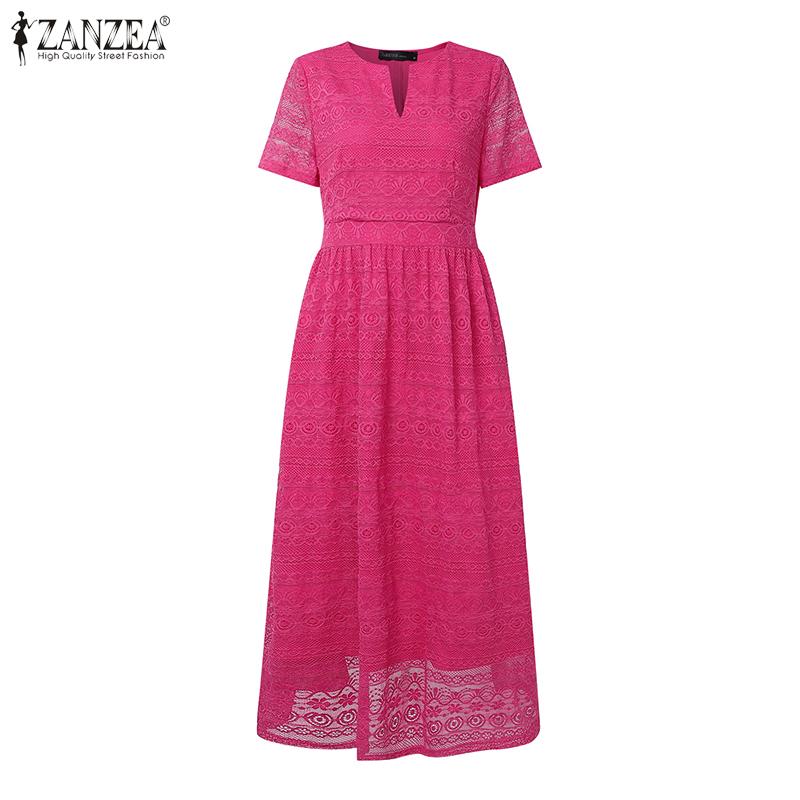 ZANZEA Women Casual V-Neck Summer Short Sleeve Lace Patchwork Dress