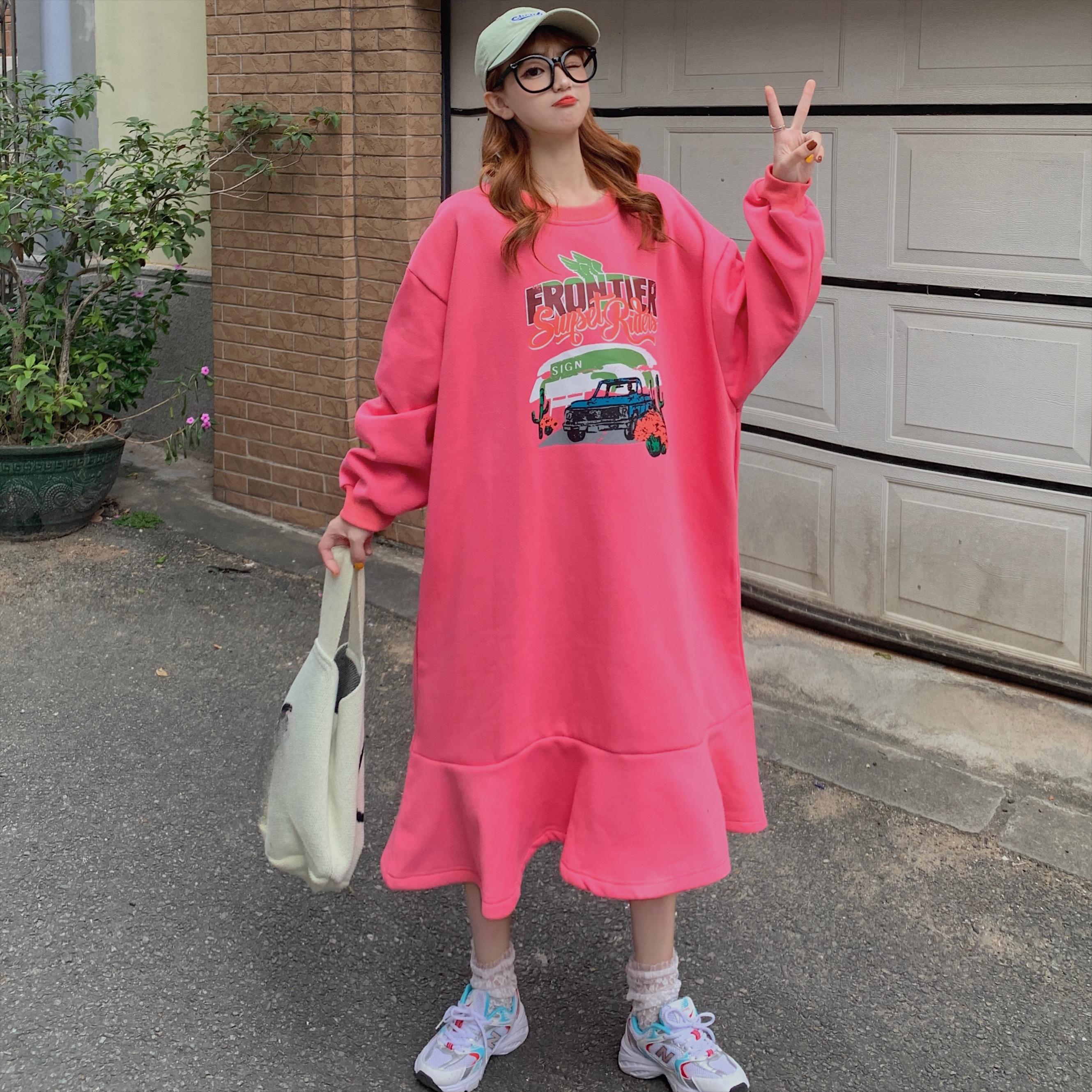 

DIMANAF Women 2024 New Autumn Style Dress Plus Size Pattern Printing O-Neck Dress Long Sleeve Basic Dresses Loose XL розовый