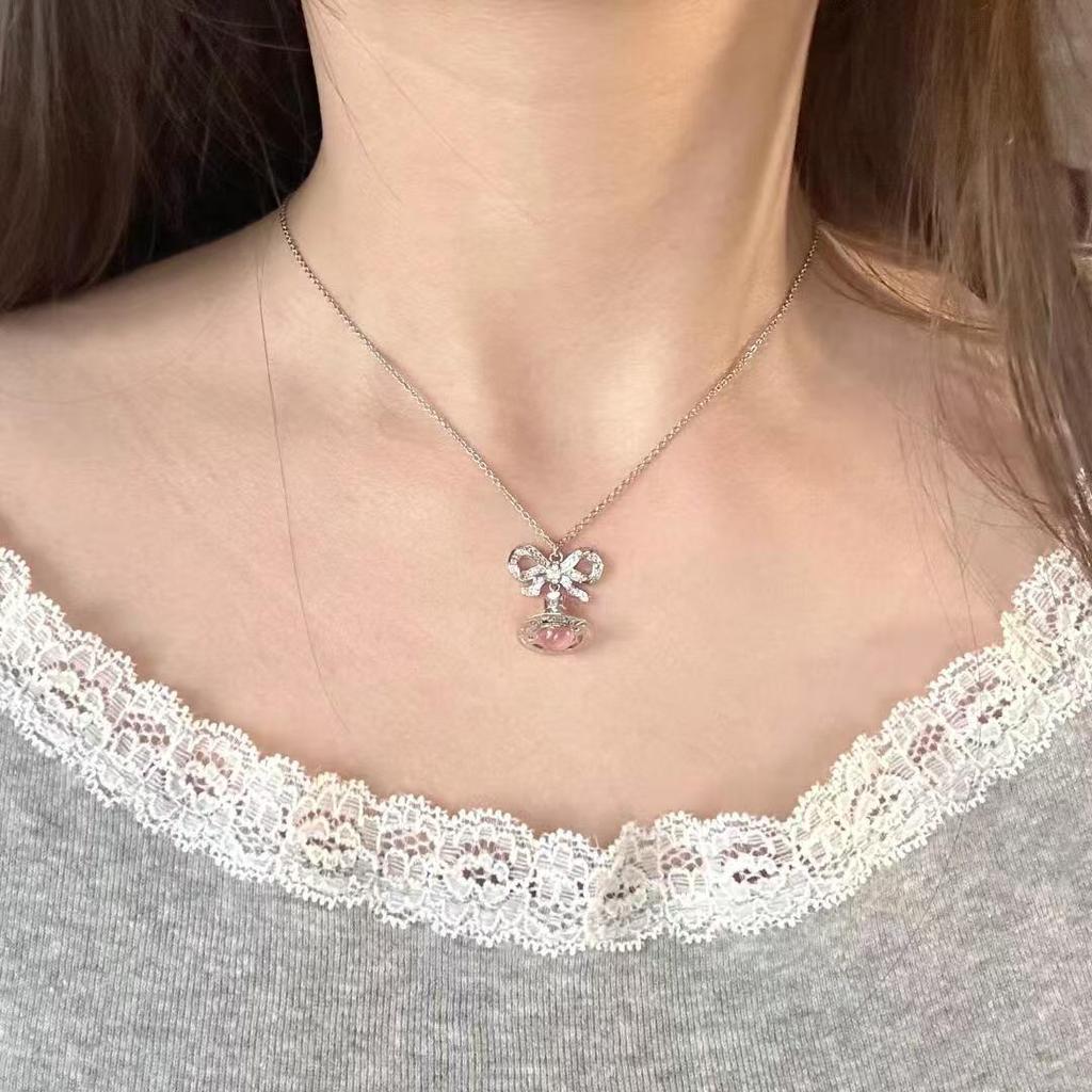 Vivienne Westwood Pink Glass Bead Bow Orb Saturn Necklace & Earrings Set