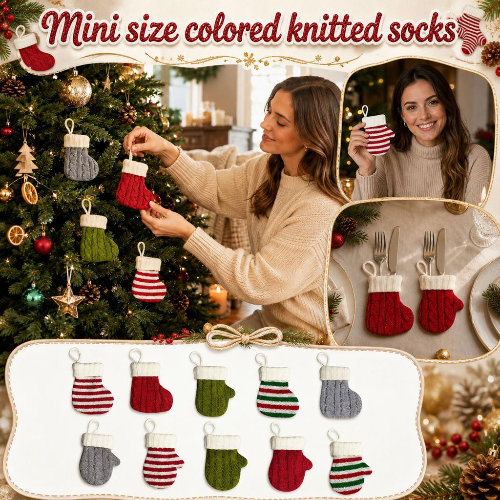 Colorful Knitted Sock Ornaments for Christmas Tree with Restaurant Cutlery Set, Holiday Table Decorations