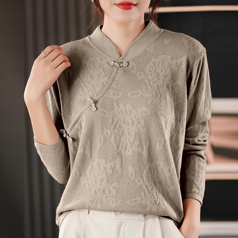 New Medium and Retro Buckle Sweater Women's Diagonal Placket Stand-up Collar Solid Color Temperament Bottoming Knitted Sweater Women