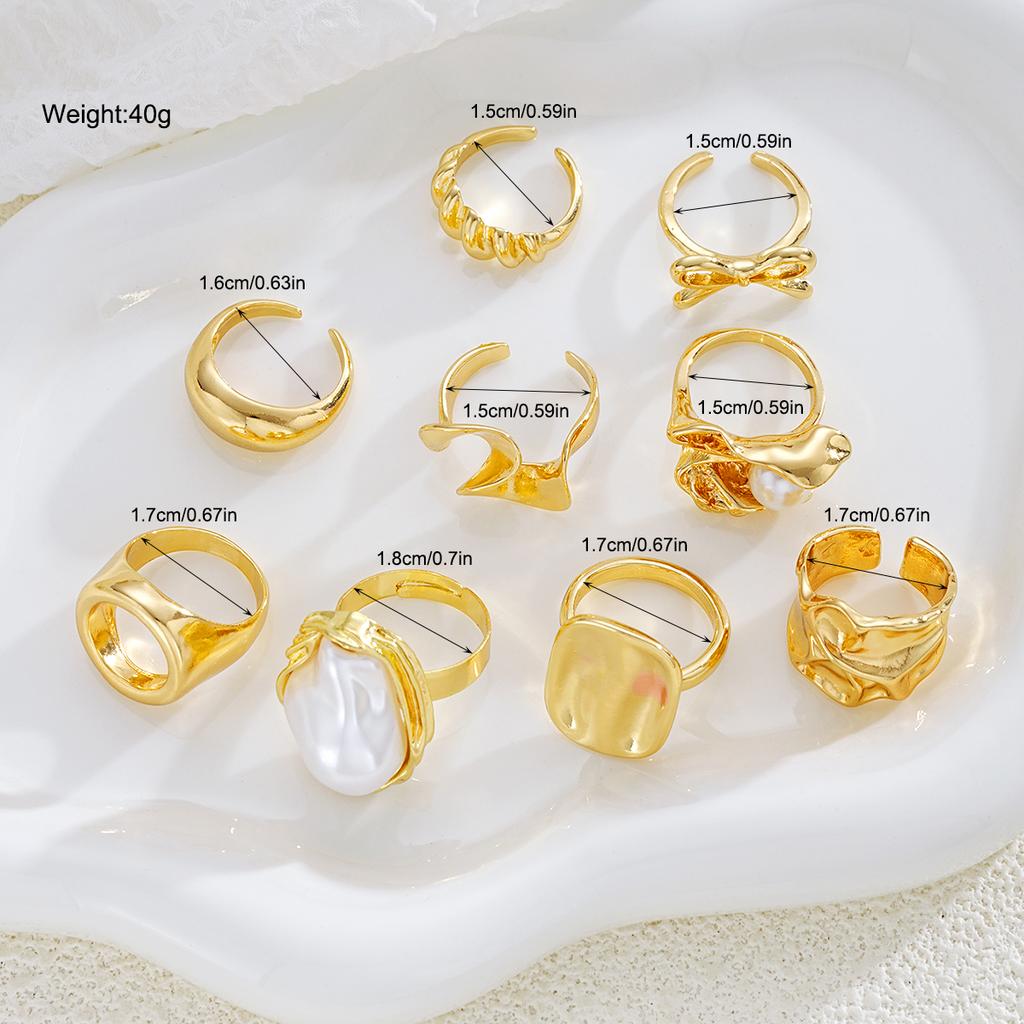 9pcs Fashion Gold Color Bowknot Pearl Geometric Open Rings Set for Women Exaggerated Irregular Adjustable Ring New Jewelry Gift
