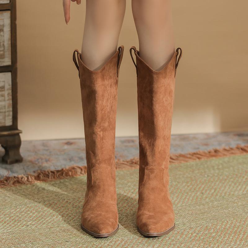 H735-1 Comfortable solid color autumn and winter suede thin fashion boots women's but knee pointed thick heel temperament women's boots new