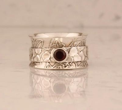 Solid 925 Sterling Silver Ring, Spinner Band Ring, Handmade Ring, Garnet Ring, Designer Ring, Meditation Ring, Statement Ring, Unisex Ring, Thumb Ring
