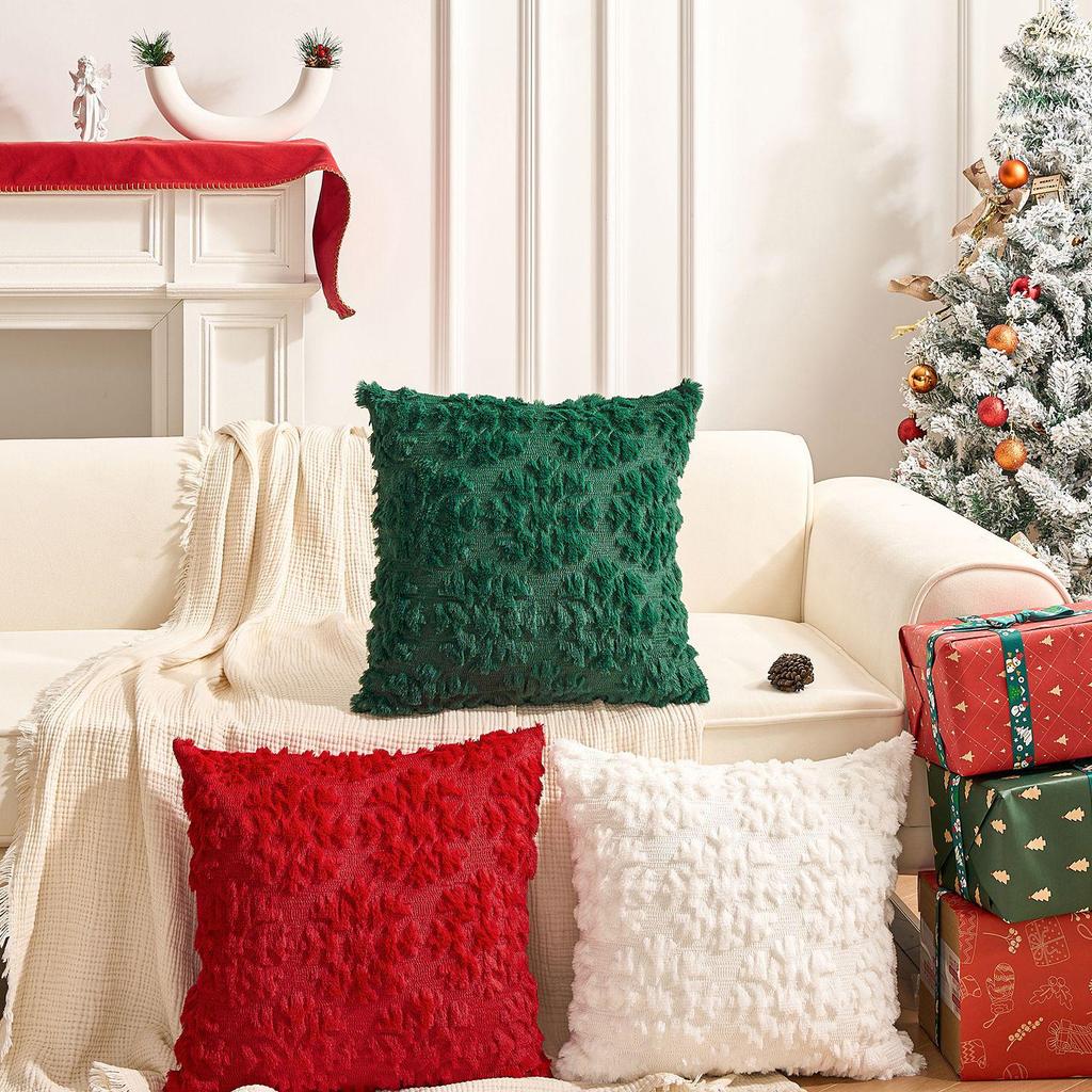 Christmas Tree and Star Embroidered Pillowcase - Festive Winter Sofa Cushion Cover