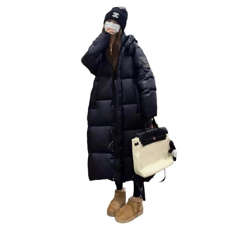 Black Glossy Hooded Down Cotton Clothes Women's Long Winter New High-end Thickened Fashion Bread