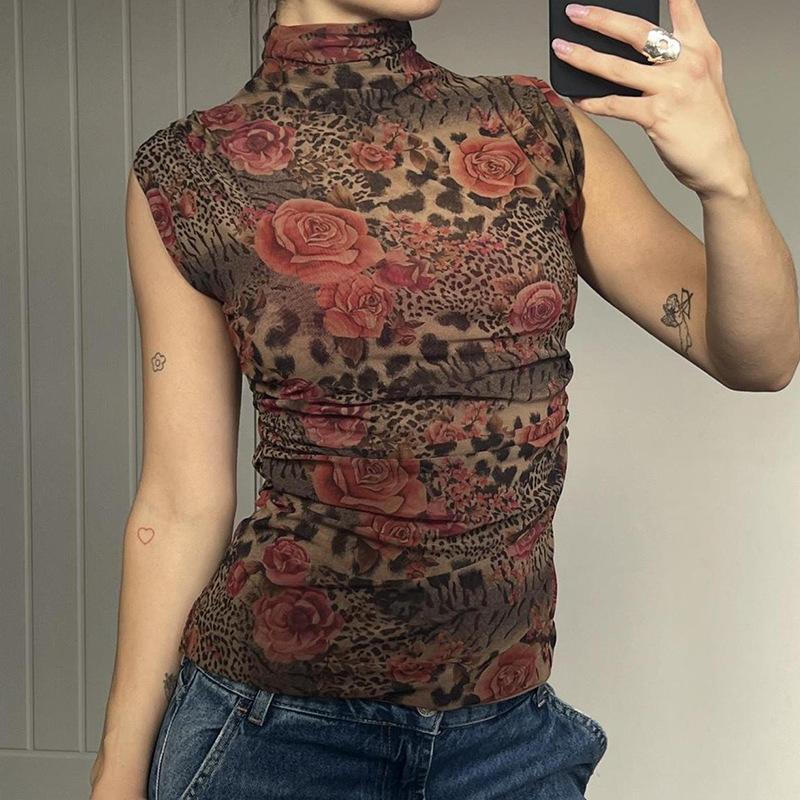 Women's Vintage Floral Print High Neck Sleeveless Spice Girls Street Clashing Colour Niche Pleated Waist Slimming Tank Top