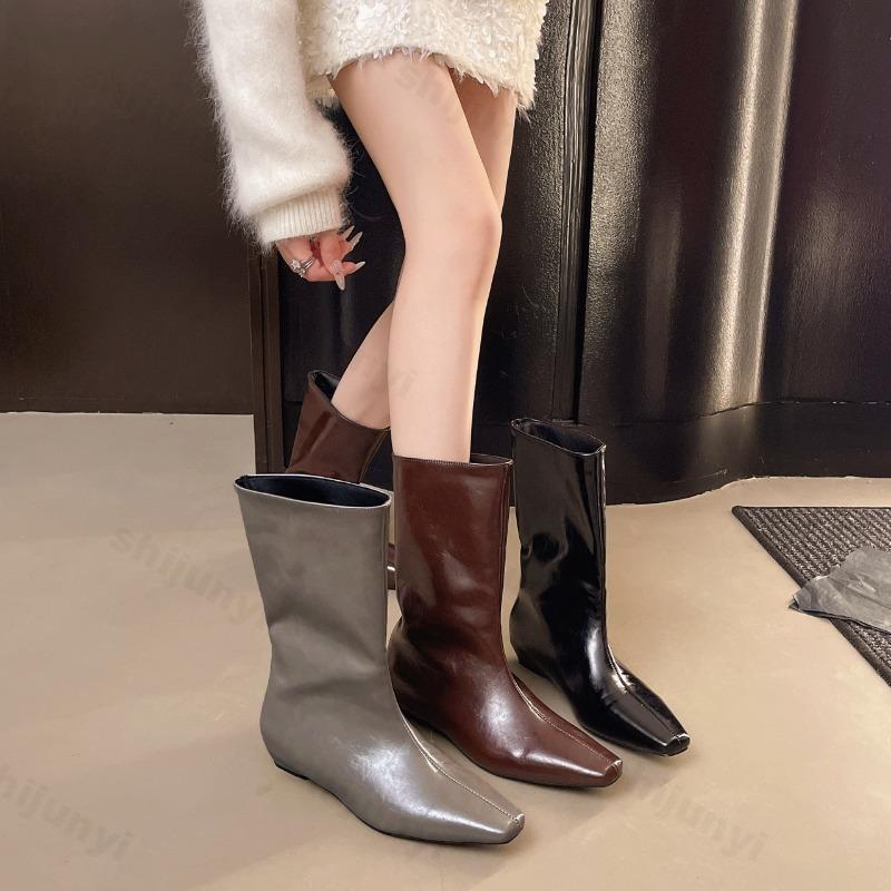 Moda Damskie Botki 2025 Jesień Płaskie Kwadratowy Nosek Designerskie Buty Moda Nowe Sukienka Codzienne Przytulne Goth Chelsea Boots Mujer De Zapatos