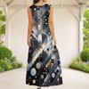 Women Plus Size Grey Black White Printed Scoop Neck Sleeveless A Line Maxi Dress