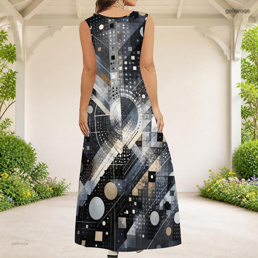 Women Plus Size Grey Black White Printed Scoop Neck Sleeveless A Line Maxi Dress