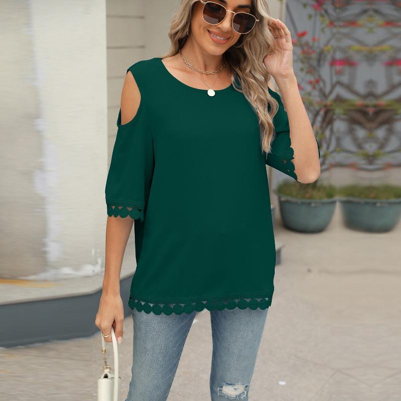 Women's Spring and Summer New Round Neck Lace Chiffon Shirt Loose Strapless Middle Sleeve Tops