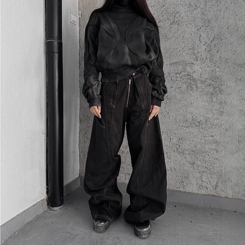 Gotická Retro Streetwear Mikina s Kapucí Pánská Dámská - Opotřebovaná Oversized Mikina bez Zipu v Černé