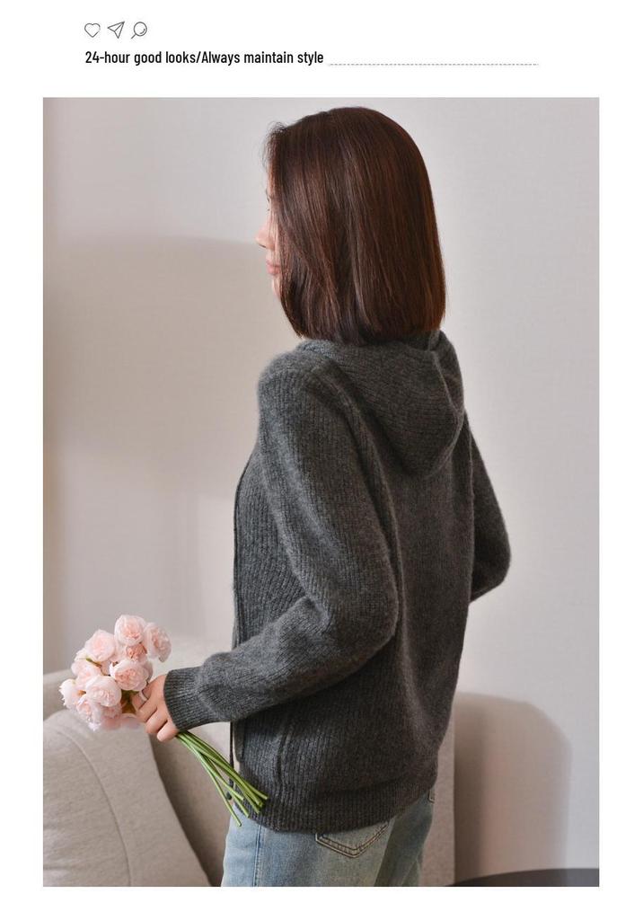 2024 Spring Women's Hooded Zip-Up Knit Cardigan: Stylish, Versatile Wool Outerwear