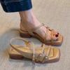 Fashion Sandals Women Summer New Square Toe Open Toe Metal Buckle Not Tired Feet Block Heel One Strap Soft Sole Roman Shoes