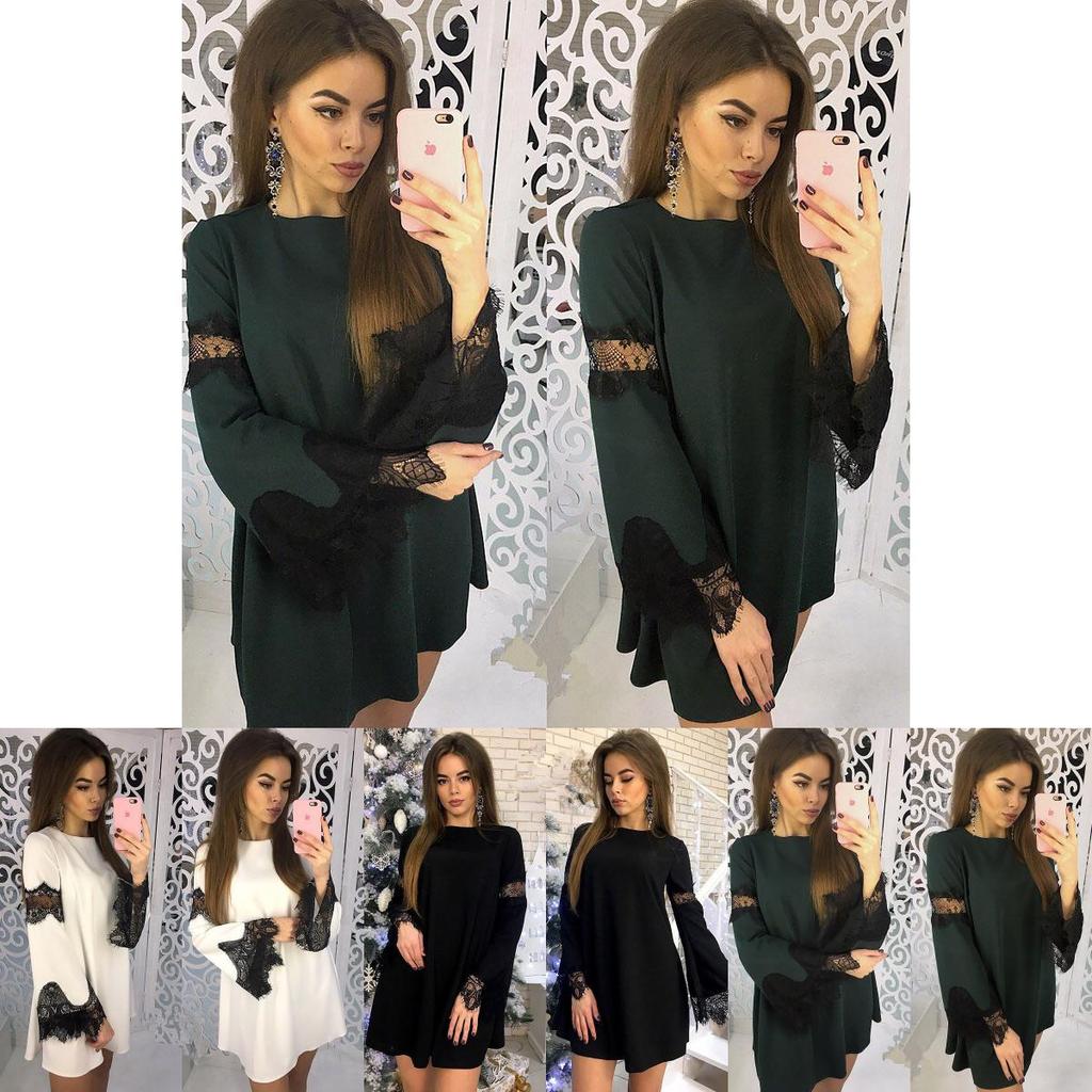 Elegant Solid Color Lace Stitching Dress For Women Perfect For Casual Outings