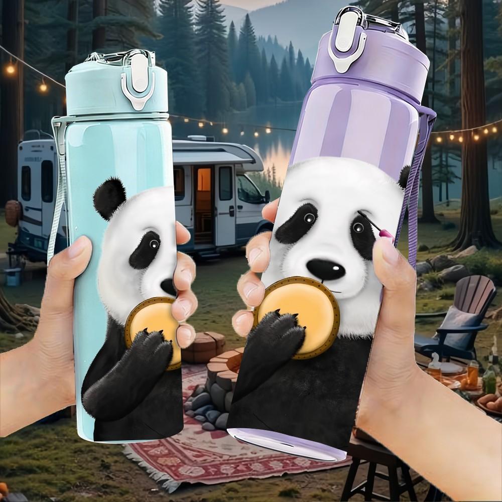 1PC Panda Holding Fruit Bite Pattern 750ml Color Plastic Sports Water Bottle Leakproof Flip Straw Lid Suitable for Sports Office Home Use