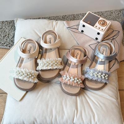 Mädchen Sandalen Spitze Plissee Süße Kinder Prinzessin Schuhe für Sommer 2025 Neue Mode Mädchen Strandschuhe Klettverschluss Elegant Perle Ins