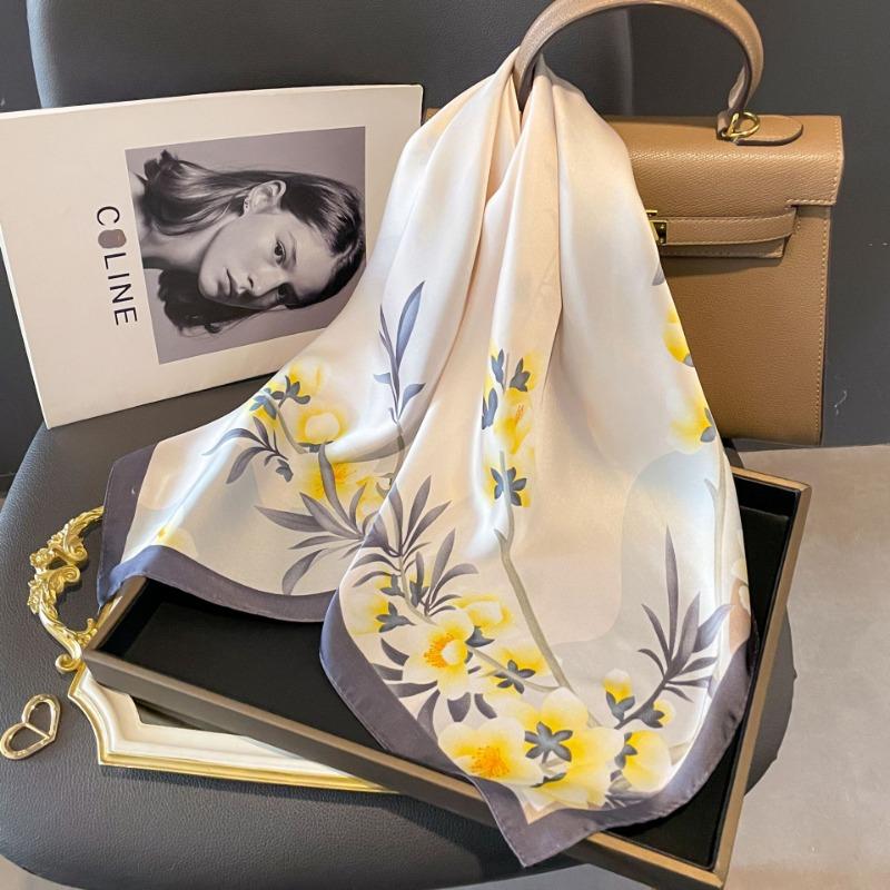 Luxury Brand 2024 Silk Square Scarf Women Cat Neck Hair Tie Band Beach Hijab Kerchief Head Headbands Bandana Female Foulard 70cm