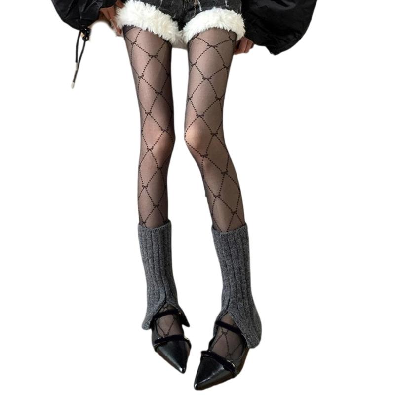 Women Aesthetic Sheer Black Silk Tights Stockings Japanese Style Elegant Argyle Bowknot Pattern Pantyhose Leggings 1