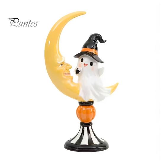 Quirky Window Display Props Halloween Ghost And Moon Resin Ornaments, Cute Spooky Tabletop Figurine, Durable Fall Home Ornaments Statue with