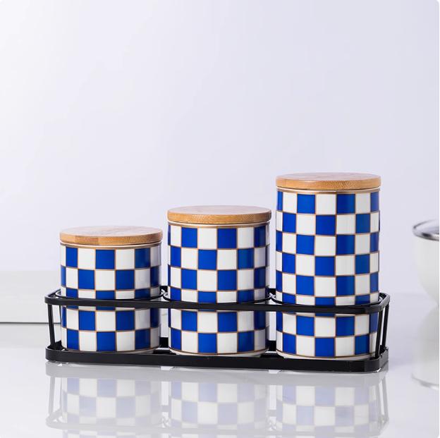 Kitchen Organizer and Storage Container, Ceramic Storage Jar, Wooden Lid, Sealed Jar, Food Storage Containers, Metal Rack