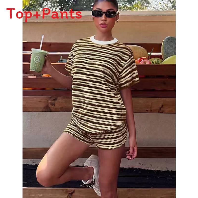 Summer Casual Striped Short Sleeve Tshirt And Shorts Lounge Set For Women