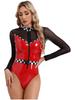 Dame Sjakkbrett Racer Bil Halloween Cosplay Speed ​​Racer Driver Bodysuit Sjakkbrett Lær Trikot Jumpsuit Sexy Uniform
