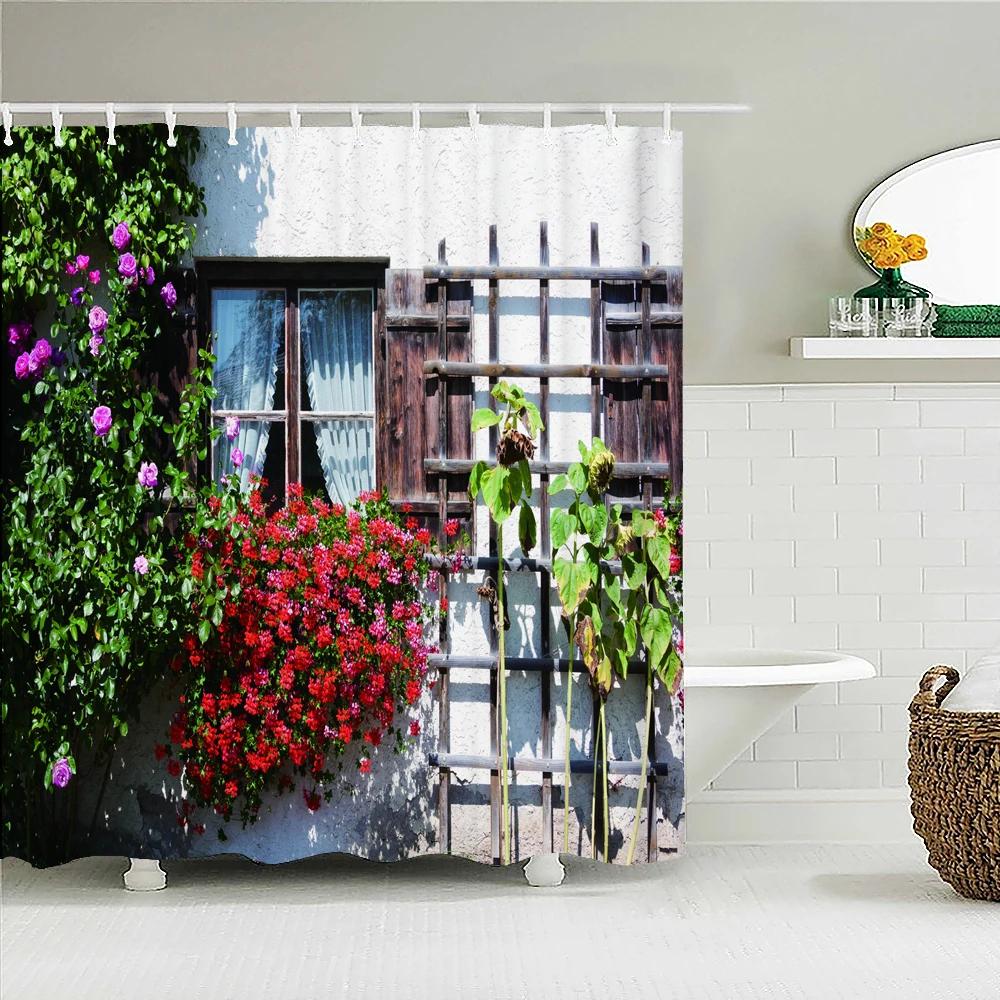Town Street Scenery Shower Curtains Home Decor Polyester Fabric Bathroom Shower Curtains Oil Painting Waterproof Bath Curtains