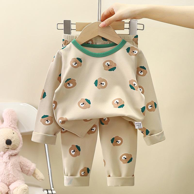 100% Cotton Kids Thermal Underwear Set Long Sleeve Pants Soft Sleepwear Homewear Cartoon Print Comfortable A Class Safety