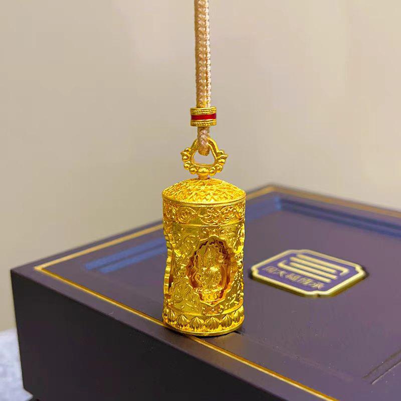 Gold Four-Faced Buddha Prayer Wheel Pendant with Rotatable Sand Gold Barrel Chain