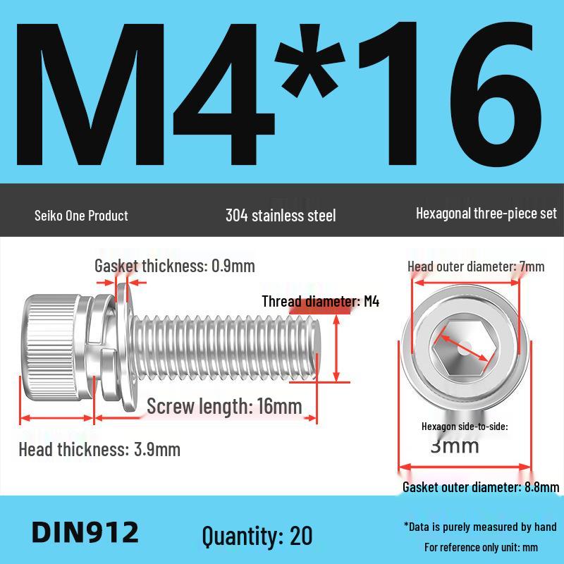 304 Stainless Steel Hex Socket Cap Screw with Washer - Sizes M3, M4, M5, M6, M8, M12