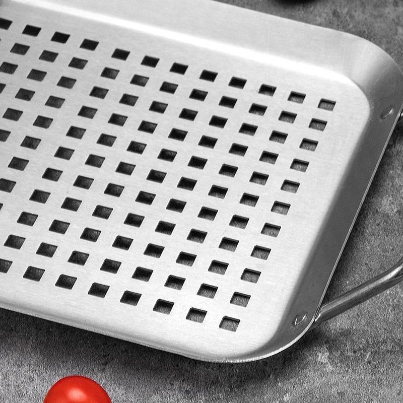 Outdoor Barbecue Non Stick Baking Tray Stainless Steel Rectangular Vegetable Baking Tray with Holes and Leaking Square Plate