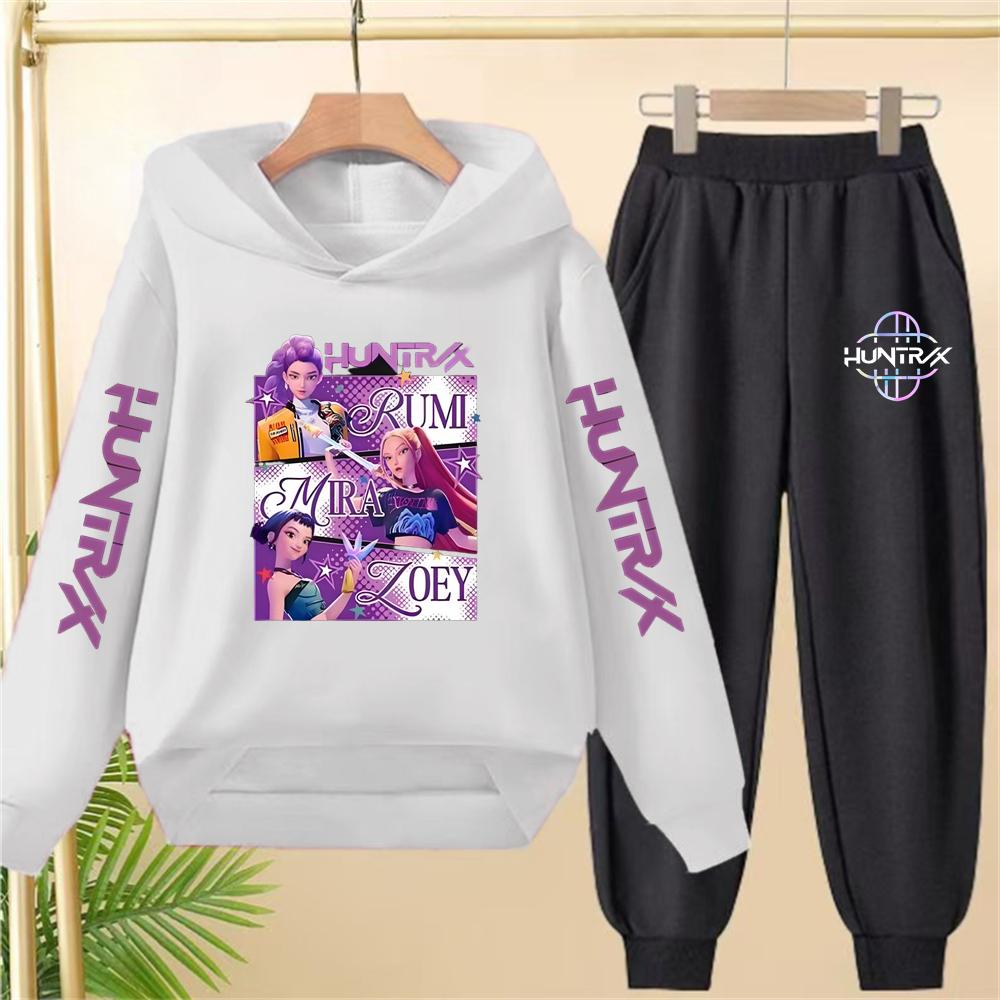 Children pink Hoodie KPop Demon Hunters Print Black Boys Girls Coat Sweatshirt+Pants Toddler Clothes autumn winter Set