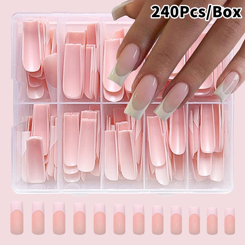 120/240/360 st/låda Glansiga Mjuka Gel Rosa Franska Manikyrspetsar Medium Mandel Vita Enkla Press-On Naglar Stor Kapacitet Låtsasnaglar