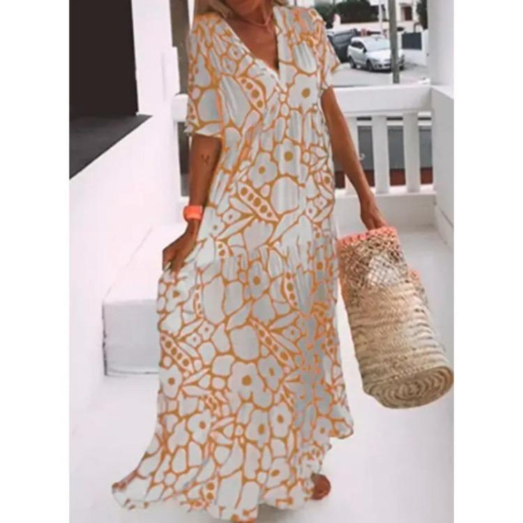 Letní květinové maxi šaty Volné dlouhé šaty Výstřih do V Krátký rukáv Dámské