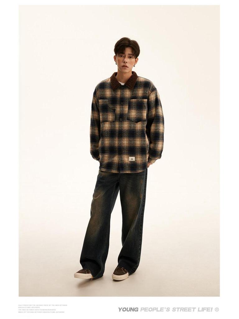 Giacca Camicia a Maniche Lunghe Plaid in Flanella di Agnello Unisex Autunno-Inverno - Fresca Vestibilità Larga Giapponese