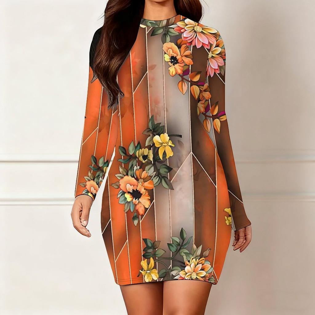 2025 Outono e Inverno Novo Estampa Floral 3D e Tingimento Moda Feminina Manga Longa Gola Redonda Vestido Envolvente de Quadril Dia dos Namorados Limitado