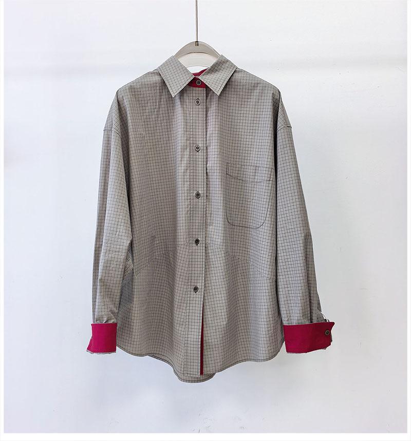 Damen Frühjahr Karoshemd - Kontrastfarben, POLO-Kragen, Mittellang, Übergroße Baumwollsilhouette