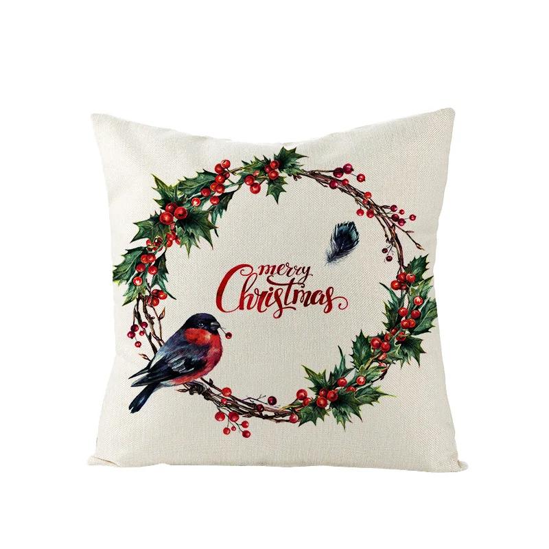 Nordic New Christmas Pillowcase Watercolor Wreath Linen Cushion Cover Sofa Cushion Cover