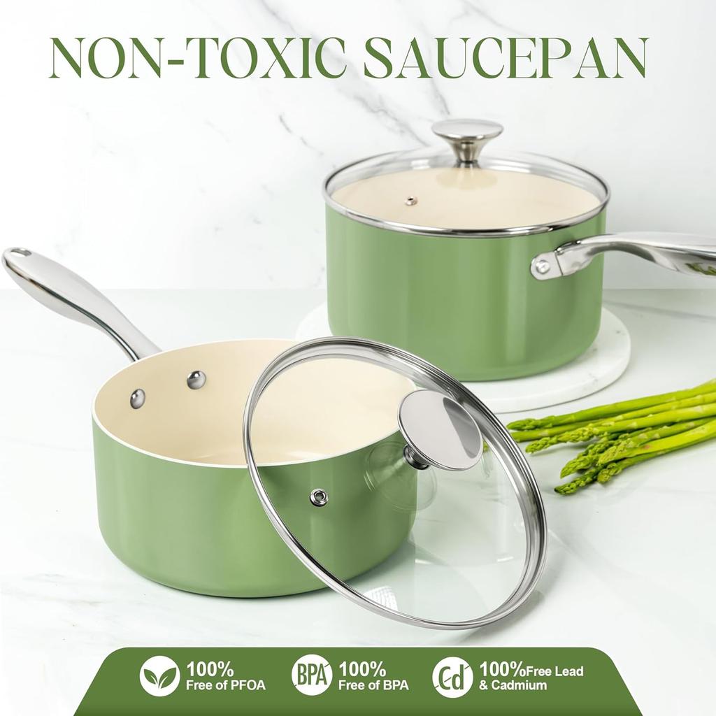 MICHELANGELO Sauce Pan with Lid Non Stick Saucepan Set of 3 1Qt /2Qt/3Qt Ceramic Non-Toxic Scratch-Resistant, Oven Safe