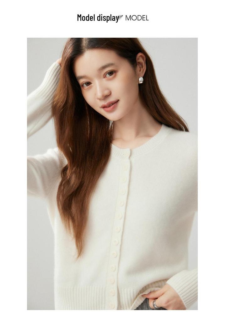 Cashmere Women's Round Neck Cardigan - 2026 Autumn/Winter, Single-Breasted, Solid Color, Versatile, Warm Outerwear.