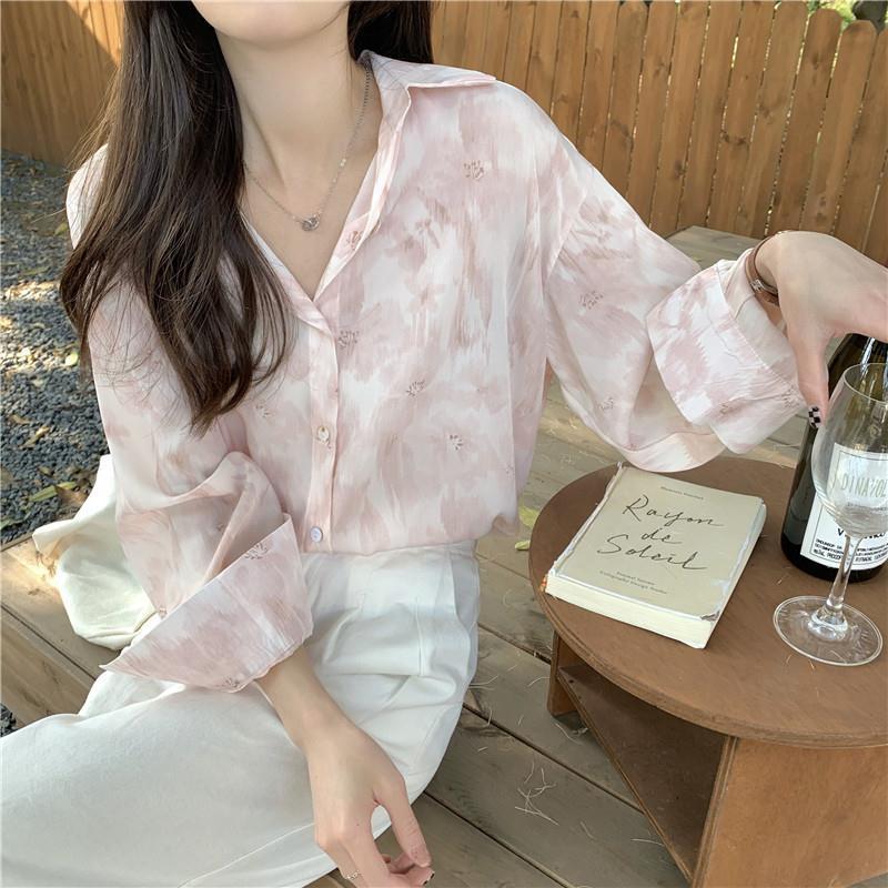 Spring 2025 Women's Pink Tie-Dye Lapel Shirt Top