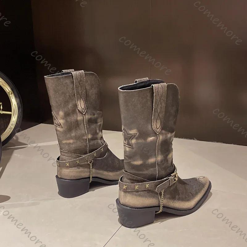 Fashion Comemore Women's Retro Cowboy Mid Calf Boots Cowboy Square Heels Pointed Toe Platform Women Chunky Heels Western Metal Botas