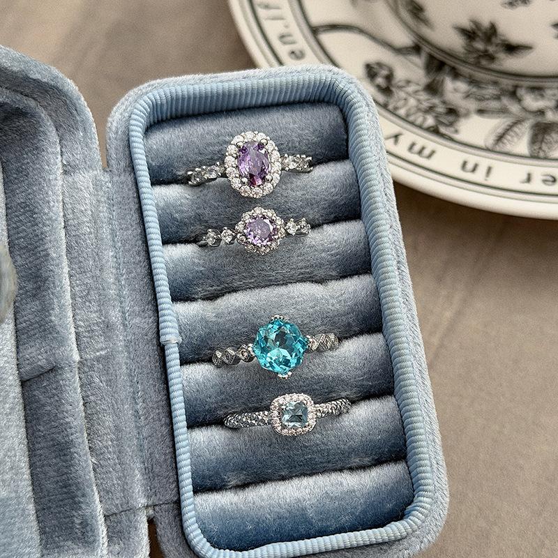 Light Luxury, Sweet And Cool Sugar Cube, Purple And Blue Colored Treasure, Open Ring, Diamond-Set Zircon Niche Design, High-End Stacked Ring Woman