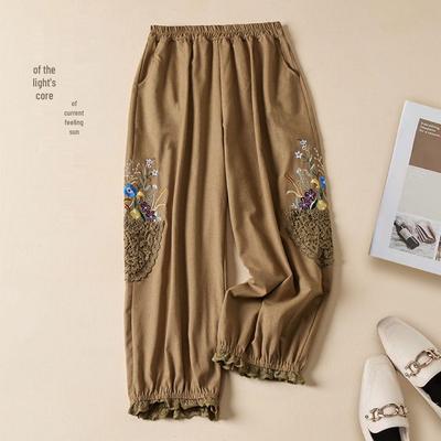 2023 Summer Women's Mori Girl Linen Embroidered Lace Trim Cropped Harem Pants - Loose Fit, Casual Style