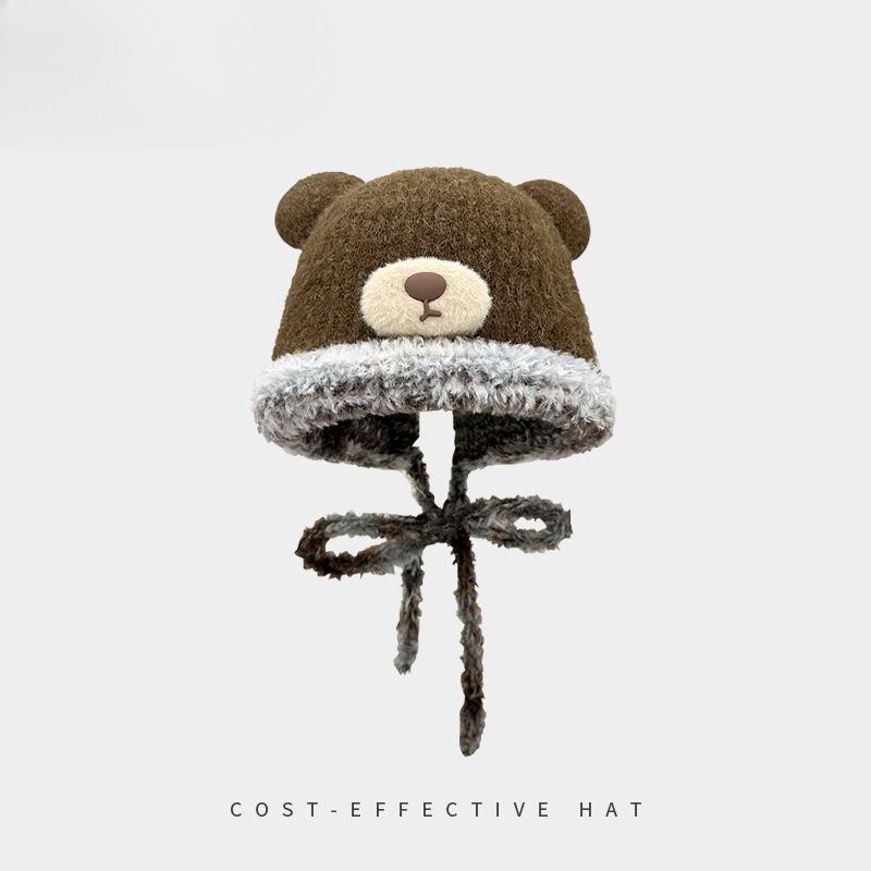Plush Bear Bag Hat Women's Autumn and Winter Warmth  Fleece Woolen Hat  Cold Proof Ear Protecting Knitted Hat