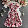 Summer French Platycodon Skirt Temperament V-Neck Waist Skinny Printed Over Knee Flared Sleeve Chiffon Floral Dress